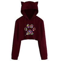 Women's Hoodie Cropped Hoddie Floral Cat Graphic Crop Top Cat Ear Daily Basic Casual Hoodies Sweatshirts  Wine Black Navy Blue miniinthebox - thumbnail