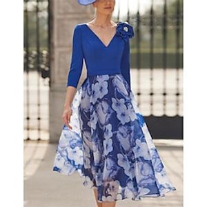 A-Line Mother of the Bride Dress Formal Wedding Guest Elegant Vintage V Neck Tea Length Chiffon Polyester 34 Length Sleeve with Crystal Brooch Flower 2024 Lightinthebox