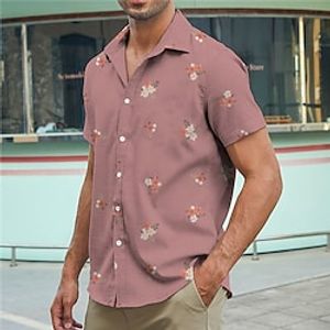 Men's Shirt Floral Graphic Prints Turndown Pink Blue Street Casual Short Sleeves Button-Down Print Clothing Apparel Linen Fashion Streetwear Designer Soft Lightinthebox