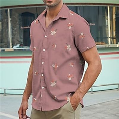 Men's Shirt Floral Graphic Prints Turndown Pink Blue Street Casual Short Sleeves Button-Down Print Clothing Apparel Linen Fashion Streetwear Designer Soft Lightinthebox