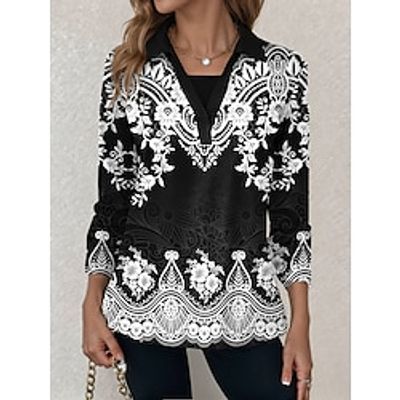 Women's T shirt Tee Floral Casual Holiday Black Blue Purple Print Long Sleeve Fashion Shirt Collar Regular Fit Spring   Fall Lightinthebox