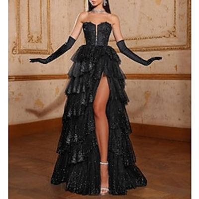 A-Line Evening Gown Black Dress Dress Formal Masquerade Floor Length Sleeveless Strapless Tulle with Glitter Appliques 2023 Lightinthebox