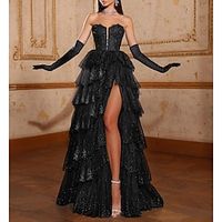 A-Line Evening Gown Black Dress Dress Formal Masquerade Floor Length Sleeveless Strapless Tulle with Glitter Appliques 2023 Lightinthebox - thumbnail