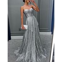 A-Line Evening Gown Elegant Dress Formal Sweep  Brush Train Sleeveless Spaghetti Strap Sequined with Glitter Pleats 2023 Lightinthebox - thumbnail
