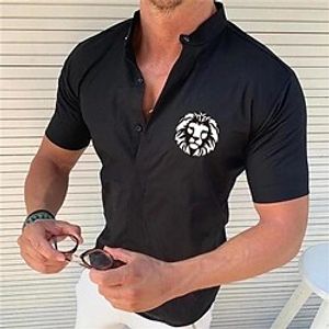 Men's Shirt  Solid Color Lion Standing Collar Street Casual Button-Down Print Half Sleeve Tops Designer Casual Fashion Breathable White Black Wine / Summer miniinthebox