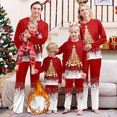 Matching Family Christmas Pajamas Fleece Lined Snowflake Trees Fashion Casual Comfort Home Christmas Bed Polyester Breathable Gift Crew Neck Long Sleeve T shirt Tee Pant Fall Winter Wine Lightinthebox