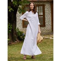 Women's White Cotton Linen Maxi Dress 55% Linen Loose Casual Plain Crew Neck Long Sleeve Spring Summer
