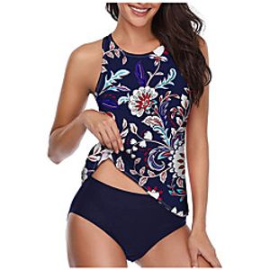Women's Tankini 2 Piece Swimsuit Slim G2105 black flower black pants G2105 green leaf black pants G2105 Green Leaf Green Pants G2105 Tibetan blue and white flowers G2105 Tibetan blue green leaves Lightinthebox
