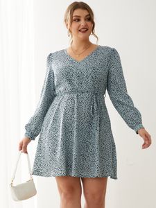 YOINS Plus Size V-neck Leopard Belt Design Long Sleeves Mini Dress