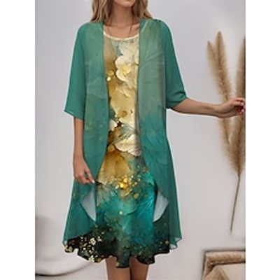 Women's Two Piece Dress Set Casual Dress Chiffon Dress Outdoor Holiday Fashion Modern Print Midi Dress Crew Neck Half Sleeve Floral Loose Fit Royal Blue Blue Green Spring S M L XL XXL Lightinthebox