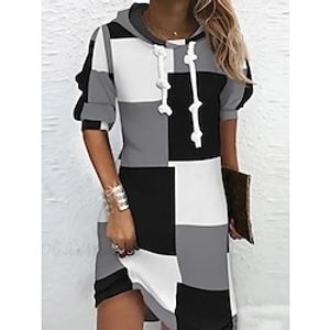 Women's Plaid Dress Hoodie Dress Mini Dress Fashion Daily Outdoor Going out Weekend V Neck Pocket Print Plaid Loose Fit Black S M L XL XXL Lightinthebox