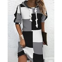 Women's Plaid Dress Hoodie Dress Mini Dress Fashion Daily Outdoor Going out Weekend V Neck Pocket Print Plaid Loose Fit Black S M L XL XXL Lightinthebox - thumbnail