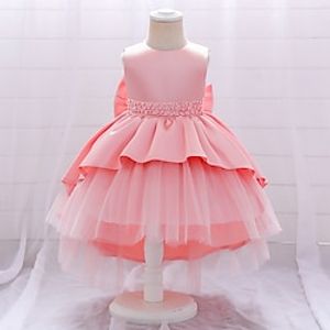 Girls' Sleeveless Solid Colored 3D Printed Graphic Dresses Cute Sweet Asymmetrical Polyester Dress All Seasons Kids Party Birthday Party Slim Mesh Layered Bow miniinthebox
