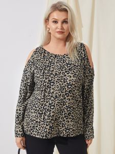 YOINS Plus Size Cold Shoulder Leopard Animal Long Sleeves Tee