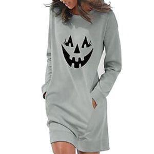 Women's Casual Dress Hoodie Dress Short Mini Dress White Gray Light Blue Long Sleeve Abstract Bat Pocket Print Fall Winter Round Neck Stylish Casual Halloween Linen S M L XL XXL / Cotton miniinthebox