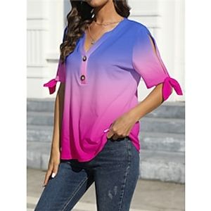 Women's T shirt Tee Color Gradient Blue Purple Print Short Sleeve Daily Going out Fashion V Neck Regular Fit Summer Lightinthebox