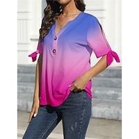 Women's T shirt Tee Color Gradient Blue Purple Print Short Sleeve Daily Going out Fashion V Neck Regular Fit Summer Lightinthebox - thumbnail