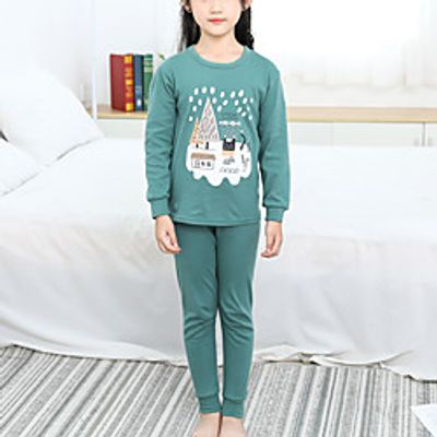 Kids Girls' Pajamas 2 Pieces Long Sleeve Green Snowman Basic 3-12 Years Lightinthebox