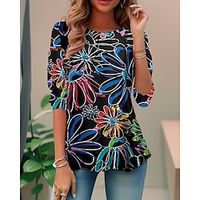 Women's T shirt Tee Black Wine Red Floral Print Long Sleeve Holiday Weekend Fashion Round Neck Regular Fit Floral Painting Spring   Fall miniinthebox - thumbnail
