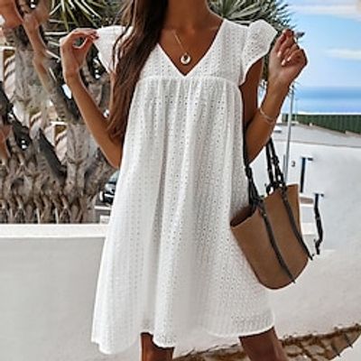 Women's A Line Dress Short Mini Dress White Sleeveless Pure Color Hollow Out Lace Spring Summer V Neck Casual 2022 S M L XL XXL 3XL miniinthebox Women's A Line Dress Short Mini Dress White Sleeveless Pure Color Hollow Out Lace Spring Summer V Neck Casual 2022 S M L XL XXL 3XL miniinthebox