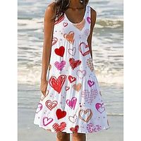 Women's Casual Dress Sundress Heart Print U Neck Mini Dress Streetwear Valentine's Day Street Sleeveless Regular Fit White Summer S M L XL 2XL Lightinthebox - thumbnail