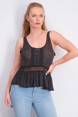 Womens Crochet Detailed Ruffle Tank Top Black Womens Crochet Detailed Ruffle Tank Top Black