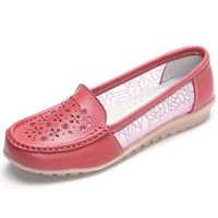Breathable Hollow Out Lace Slip On Leather Casual Flat Shoes