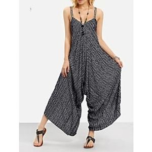 Women's Jumpsuit Backless Striped V Neck Basic Vacation Going out Regular Fit Strap Black White S M L Spring miniinthebox