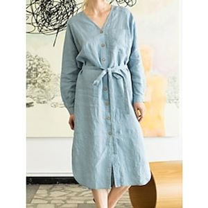 Women's Casual Dress Cotton Linen Dress Midi Dress Linen Cotton Blend Basic Casual Daily Date Weekend V Neck Lace up Button Long Sleeve Summer Spring 2023 Loose Fit Blue Plain S M L XL 2XL Lightinthebox