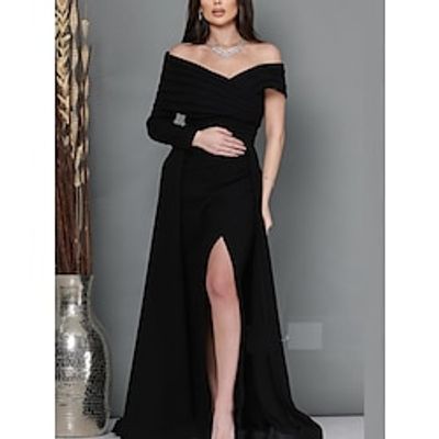 A-Line Evening Gown Elegant Black Dress Dress Formal Sweep Brush Train Long Sleeve Off Shoulder Stretch Fabric with Ruched Slit 2023 Lightinthebox A-Line Evening Gown Elegant Black Dress Dress Formal Sweep Brush Train Long Sleeve Off Shoulder Stretch Fabric with Ruched Slit 2023 Lightinthebox