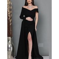A-Line Evening Gown Elegant Black Dress Dress Formal Sweep  Brush Train Long Sleeve Off Shoulder Stretch Fabric with Ruched Slit 2023 Lightinthebox - thumbnail