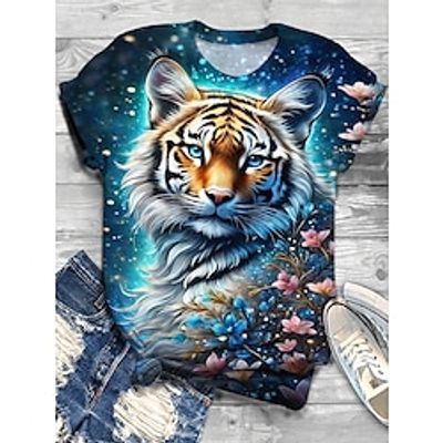 Women's T shirt Tee Tiger Blue Khaki Beige Print Short Sleeve Daily Weekend Fashion Round Neck Regular Fit Summer miniinthebox