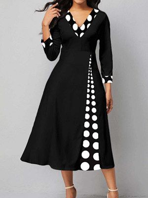V-neck Polka Dot Print Stitching Casual Long-sleeved Maxi Dress