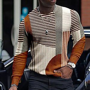 Men's T shirt Striped Graphic Crew Neck Casual Daily Long Sleeve Tops Lightweight Fashion Big and Tall Brown Lightinthebox