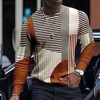 Men's T shirt Striped Graphic Crew Neck Casual Daily Long Sleeve Tops Lightweight Fashion Big and Tall Brown Lightinthebox - thumbnail