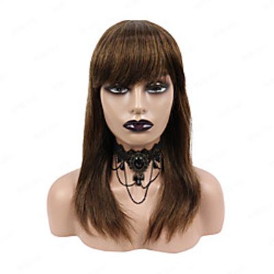 Remy Human Hair Wig Straight Natural Straight with Neat Bang Brown Classic Women Designers Capless Brazilian Hair Malaysian Hair for Women Evening Daily Evening Party Use Lightinthebox