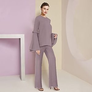 Two Piece Jumpsuit  Pantsuit Mother of the Bride Dress Formal Wedding Guest Elegant Scoop Neck Floor Length Chiffon Long Sleeve with Solid Color 2023 Lightinthebox