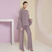 Two Piece Jumpsuit  Pantsuit Mother of the Bride Dress Formal Wedding Guest Elegant Scoop Neck Floor Length Chiffon Long Sleeve with Solid Color 2023 Lightinthebox - thumbnail