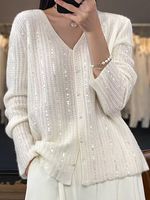 Women's, V-neck Loose Pearl Button Sequin Sweater Versatile Knitted Cardigan