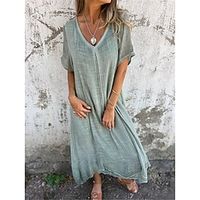 Women's Casual Dress Cotton Linen Dress Maxi long Dress Linen Cotton Blend Basic Modern Daily Weekend V Neck Basic Short Sleeve Summer Spring 2023 Loose Fit Pink Royal Blue Green Plain S M L XL 2XL Lightinthebox