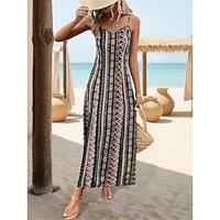 Women's Vintage Dress Casual Dress Geometric Color Block Print Strap Long Dress Maxi Dress Vintage Ethnic Street Holiday Sleeveless Regular Fit Black Summer S M L XL XXL Lightinthebox