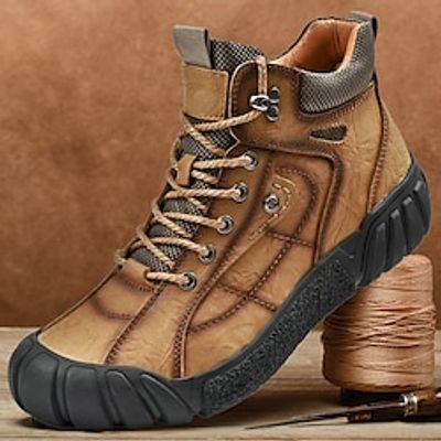 Men's Boots Combat Boots Work Boots Fur Lined Fleece lined Hiking Cycling Shoes Vintage British Outdoor Office  Career Leather Nappa Leather Warm Slip Resistant Mid-Calf Boots Lace-up Dark Brown Lightinthebox