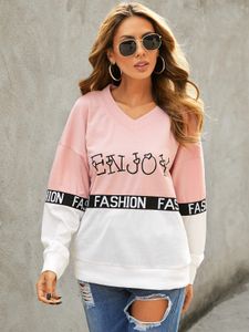 YOINS Letter Patchwork V-neck Long Sleeves Sweatshirt