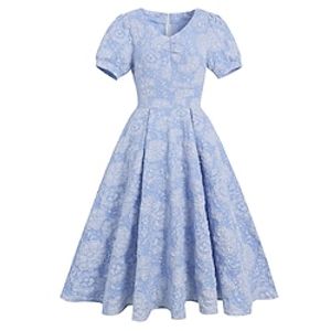 Women's Party Dress Swing Dress Midi Dress light blue jacquard Short Sleeve Floral Ruched Jacquard Fall Winter Crew Neck Vintage 1950s Elegant Party Puff Sleeve 2022 S M L XL 2XL miniinthebox