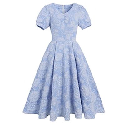 Women's Party Dress Swing Dress Midi Dress light blue jacquard Short Sleeve Floral Ruched Jacquard Fall Winter Crew Neck Vintage 1950s Elegant Party Puff Sleeve 2022 S M L XL 2XL miniinthebox