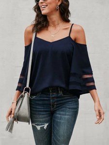 YOINS Mesh Patchwork Cold Shoulder Long Sleeves Blouse