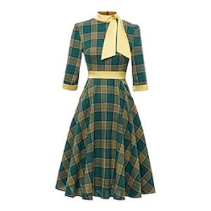 Women's Tartan Dress Casual Dress Swing Dress Midi Dress Green 3/4 Length Sleeve Plaid Print Winter Fall Autumn Turtleneck Romantic Weekend 2022 S M L XL 2XL miniinthebox