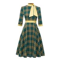 Women's Tartan Dress Casual Dress Swing Dress Midi Dress Green 3/4 Length Sleeve Plaid Print Winter Fall Autumn Turtleneck Romantic Weekend 2022 S M L XL 2XL miniinthebox - thumbnail