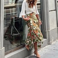 Women's A Line Long Skirt Maxi Green Skirts Autumn / Fall Plant Print Elegant Casual Street Casual Daily S M L miniinthebox - thumbnail
