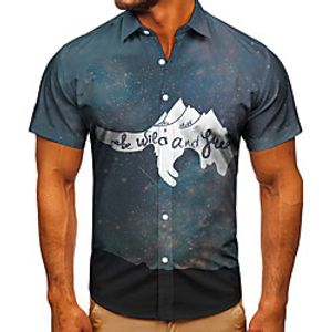 Men's Shirt 3D Print Galaxy Graphic Prints Letter Button-Down Short Sleeve Street Tops Casual Fashion Classic Breathable Navy Blue Lightinthebox